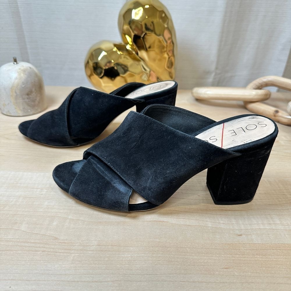 SOLE SOCIETY Black Suede Mules Criss Cross Block Heel Slides Black Size 6